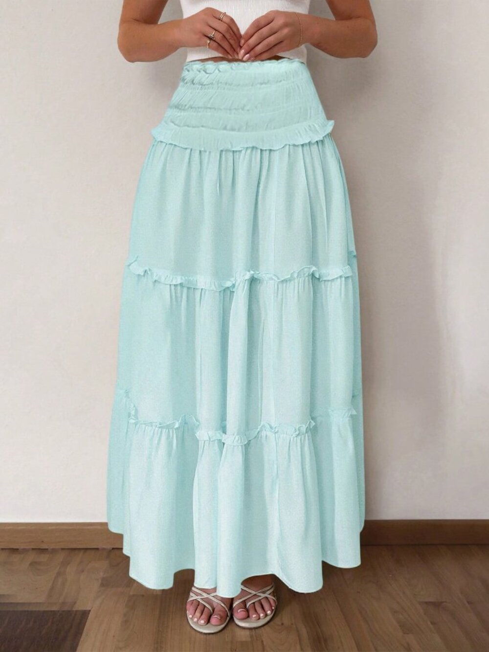 Baby Blue Elegant Women's Pleated Mixed-Fabric Ruffle Hem Casual Vacation Skirt - Picture 3 of 8